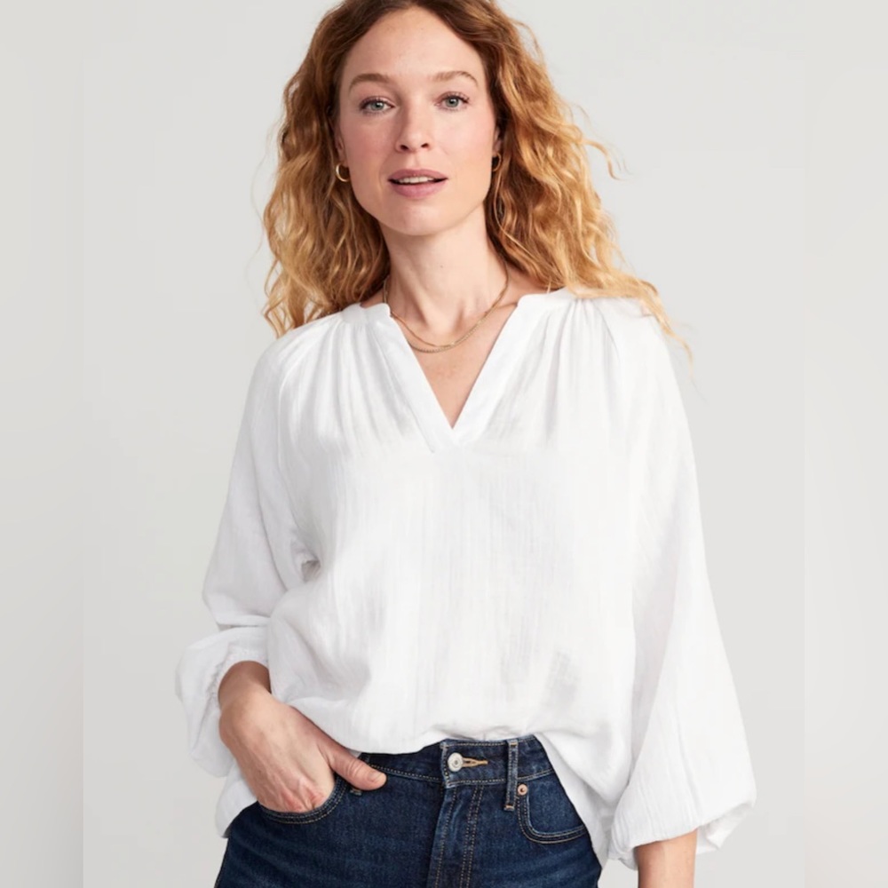 Old Navy White Linen Tie Neck Blouse